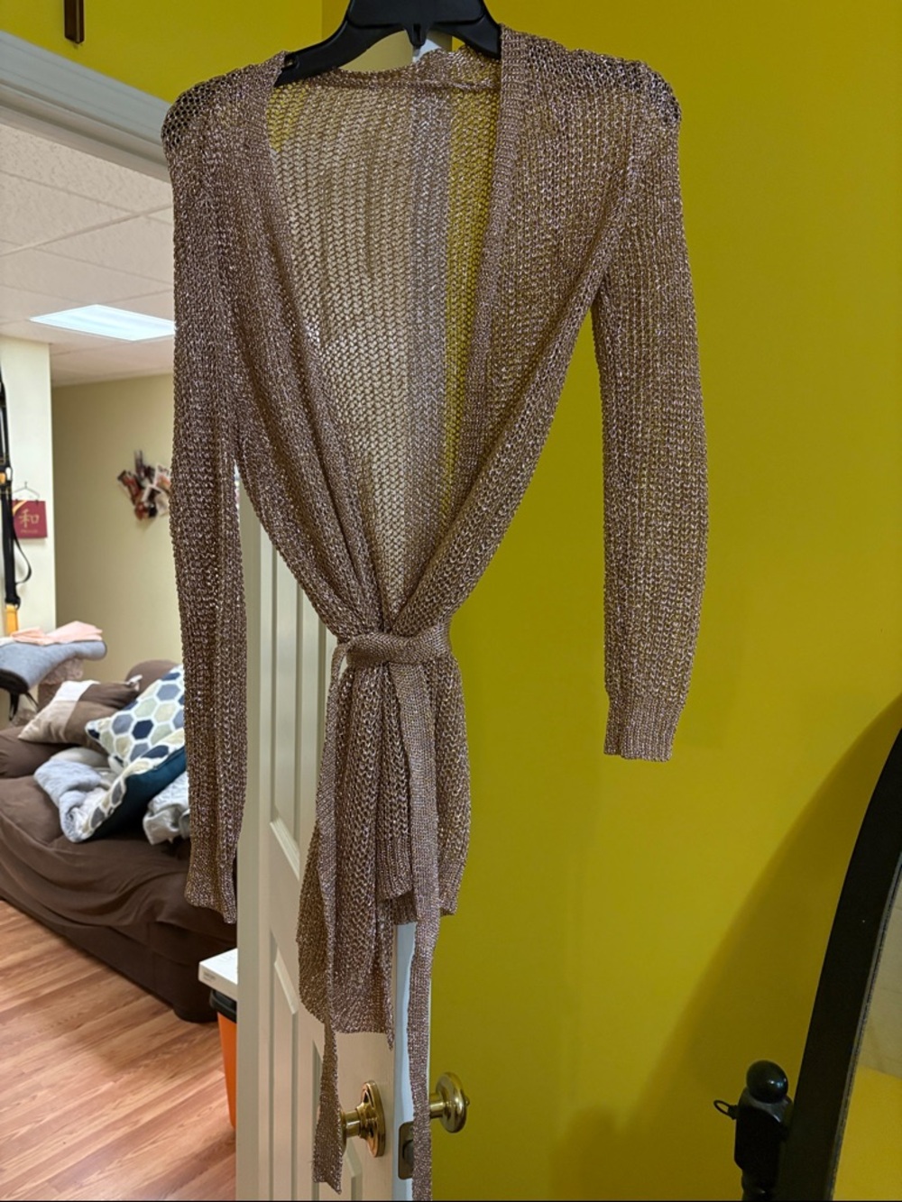 Tie-Front Open-Knit Women's Cardigan in Metallic Taupe